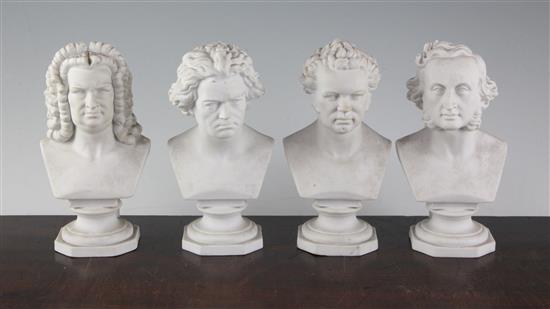 Four Continental biscuit porcelain busts of Bach, Beethoven, Mendelssohn and Schubert, height 19cm